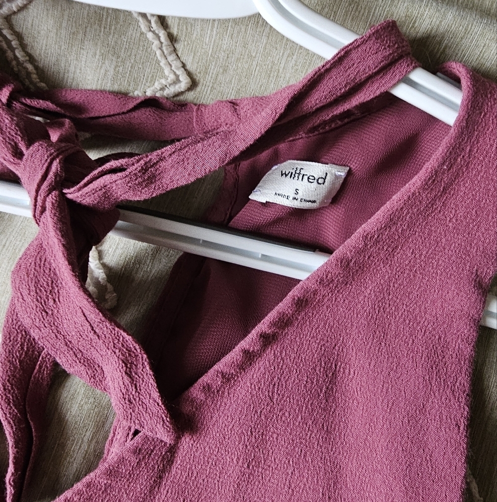 Aritzia Wilfred Free Cranberry Mauve Pink Ethere Mini Dress choker bow chiffon - Picture 4 of 6